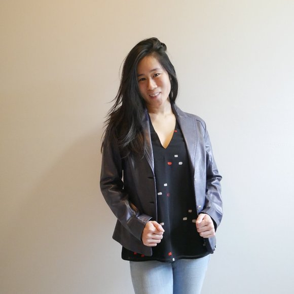 Dark Blue Leather Jacket Size S with Leopard print - Picture 1 of 8